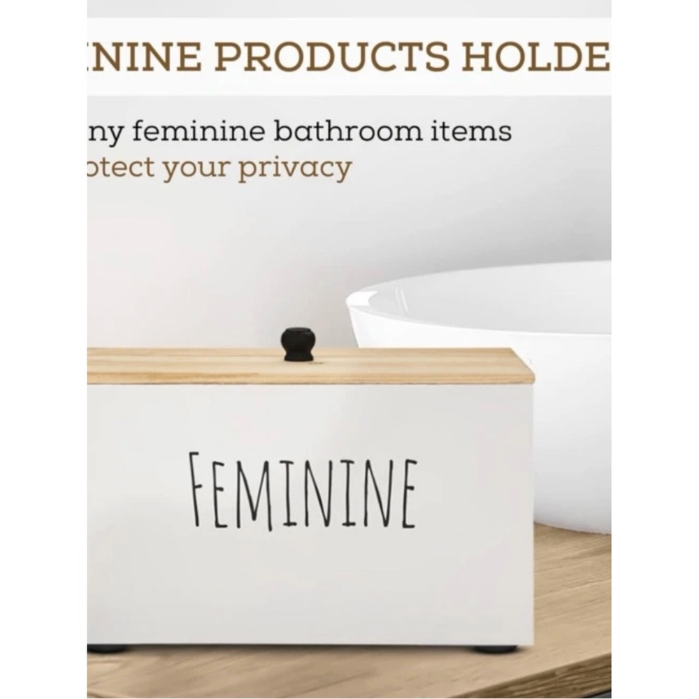Feminine Bathroom Storage Box – White with Wood Lid